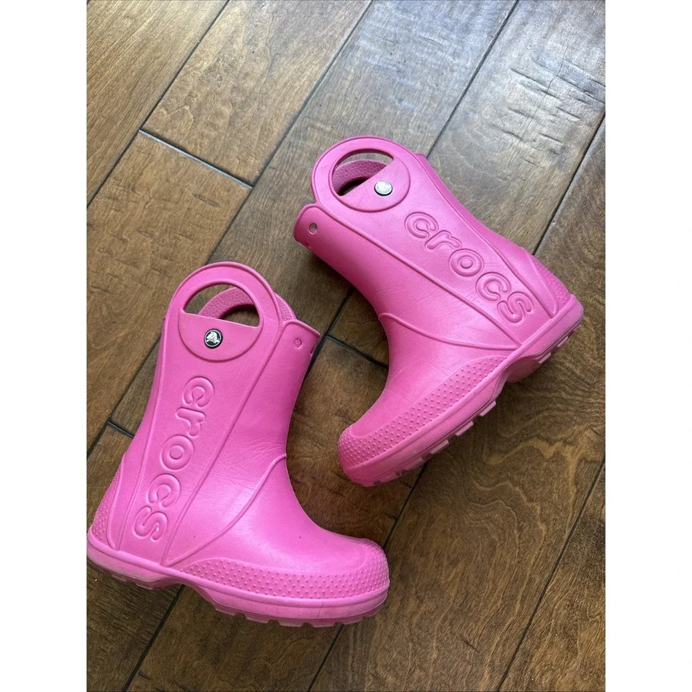 Crocs Youth Girls Handle It Rain Boots Pink Size J 1 Waterproof Pull-on